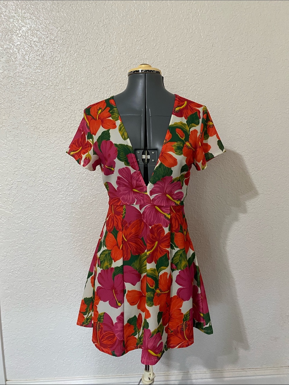 Tropical V-Neck Mini Dress in White with Pink & Orange Floral Print